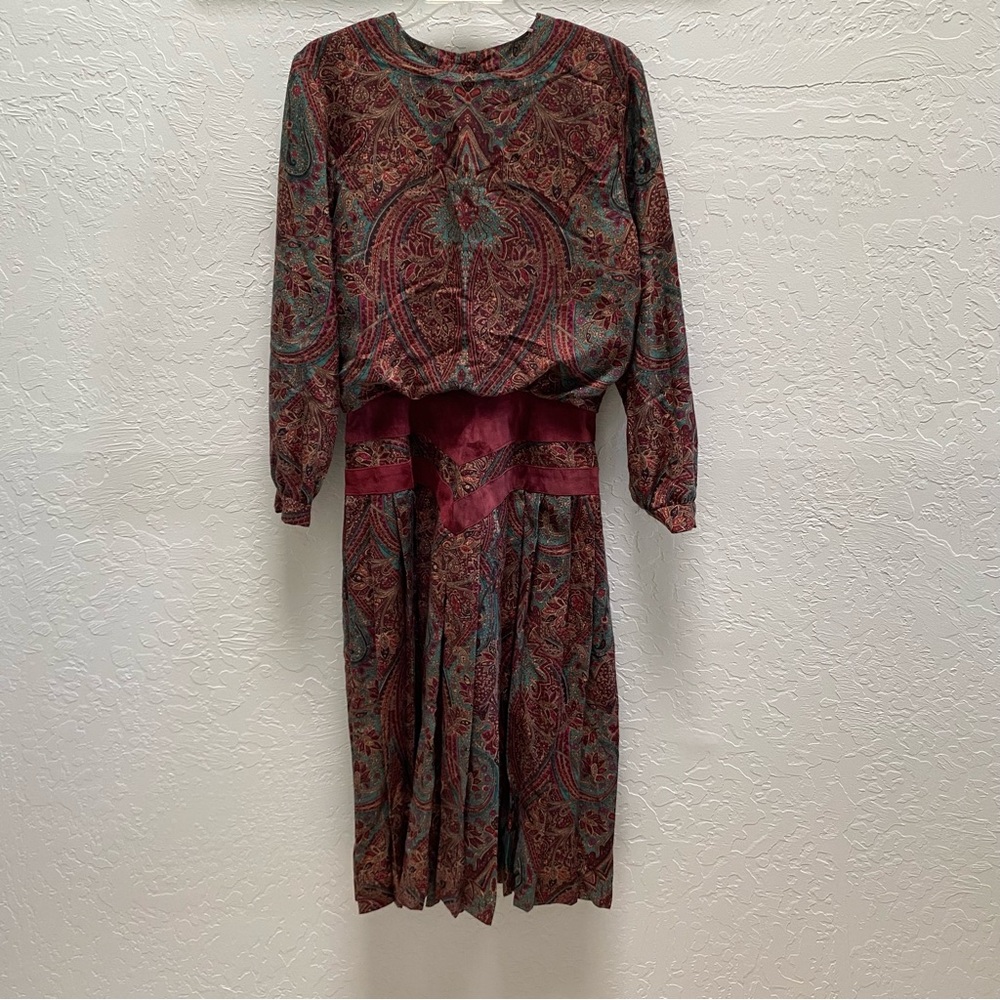 80s Vintage Purple And Teal Paisley Cottagecore Grannicore Suede Midi Dress